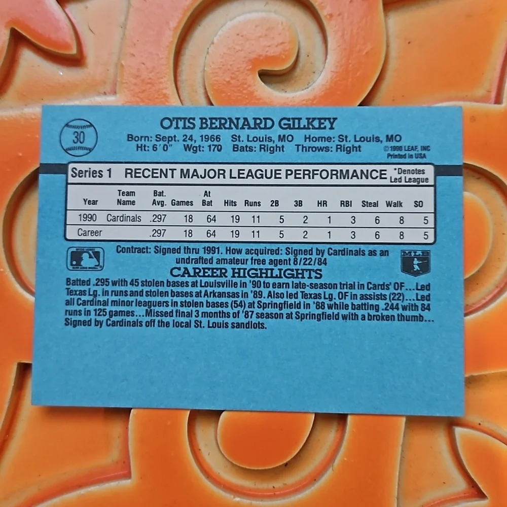 1991 Donruss Saint Louis Cardinals Bernard Gilkey Rookie Card #30 with Error